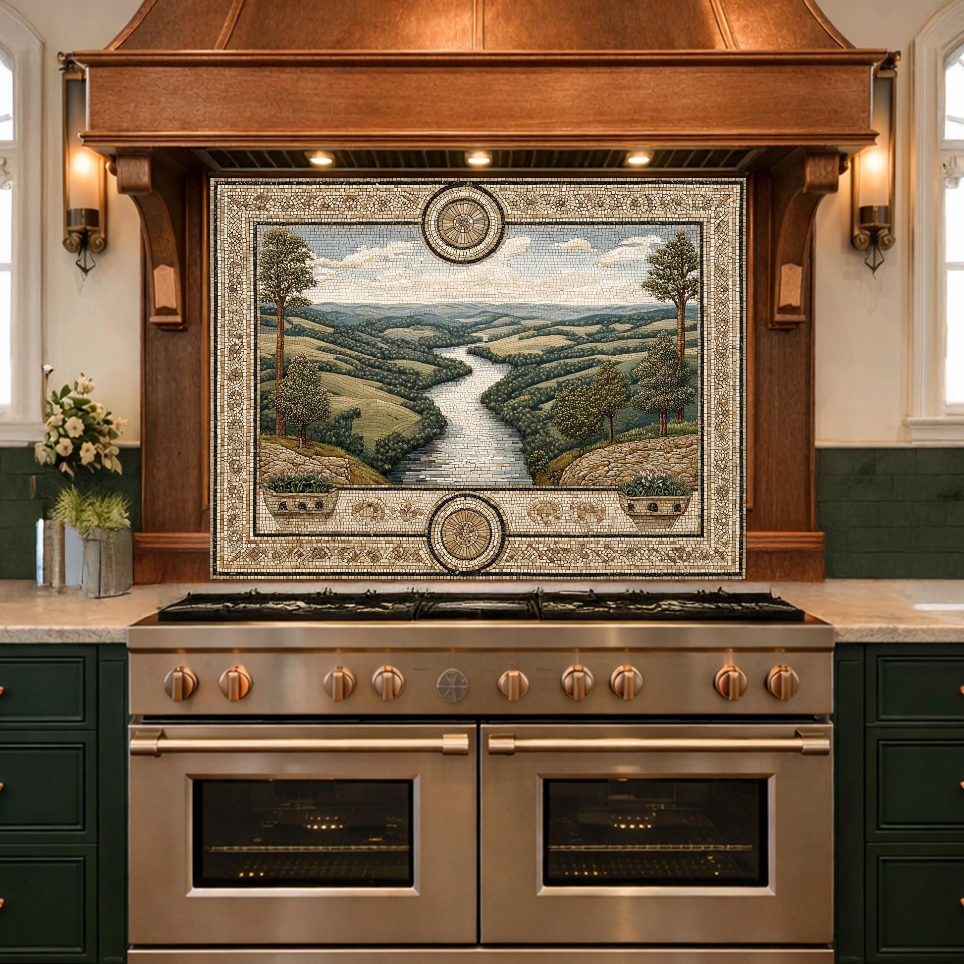 Tuscan Landscape Tempered Glass Backsplash, Mediterranean Kitchen Stove Decor