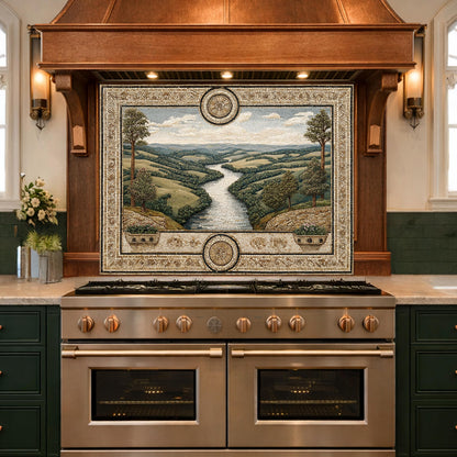 Tuscan Landscape Tempered Glass Backsplash, Mediterranean Kitchen Stove Decor