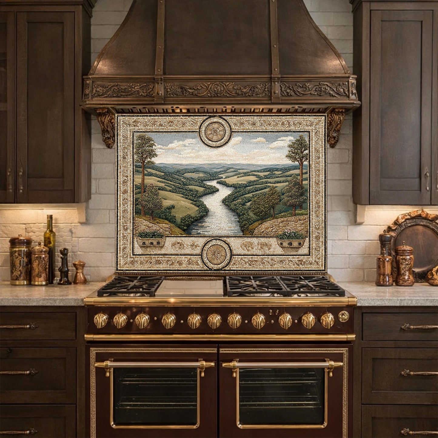 Tuscan Landscape Tempered Glass Backsplash, Mediterranean Kitchen Stove Decor