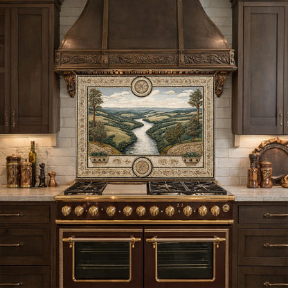 Tuscan Landscape Tempered Glass Backsplash, Mediterranean Kitchen Stove Decor