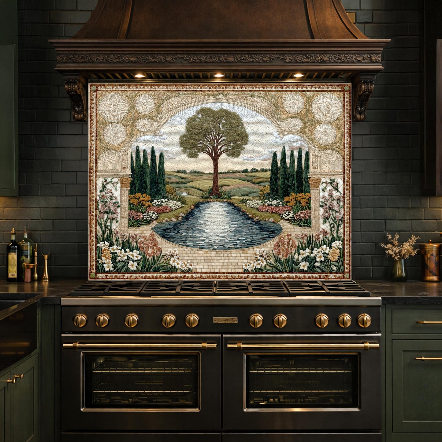 Garden Landscape Tempered Glass Kitchen Backsplash, Mediterranean Stove Panel