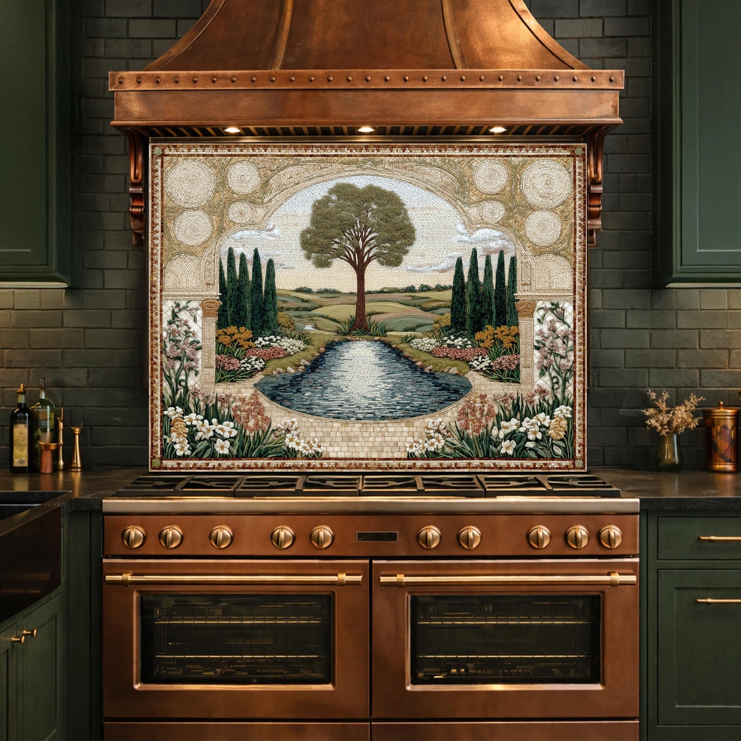 Garden Landscape Tempered Glass Kitchen Backsplash, Mediterranean Stove Panel