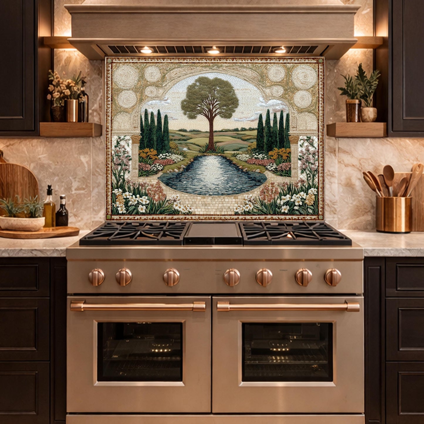 Garden Landscape Tempered Glass Kitchen Backsplash, Mediterranean Stove Panel