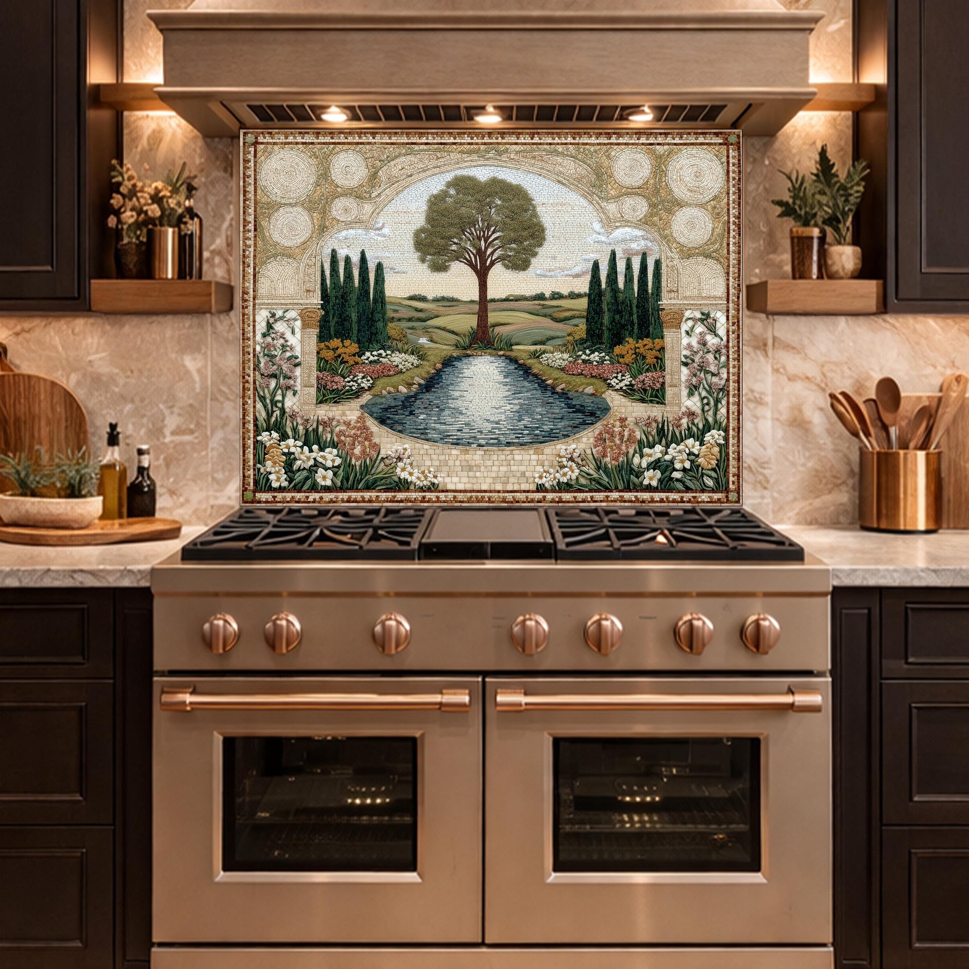 Garden Landscape Tempered Glass Kitchen Backsplash, Mediterranean Stove Panel