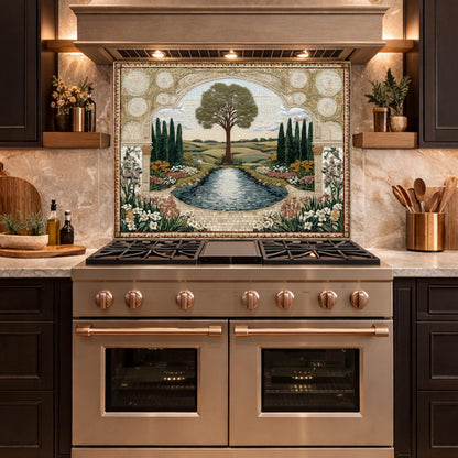 Garden Landscape Tempered Glass Kitchen Backsplash, Mediterranean Stove Panel