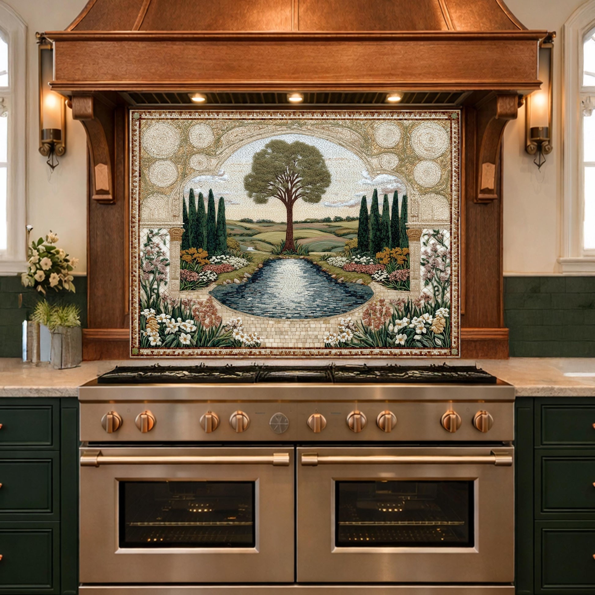 Garden Landscape Tempered Glass Kitchen Backsplash, Mediterranean Stove Panel