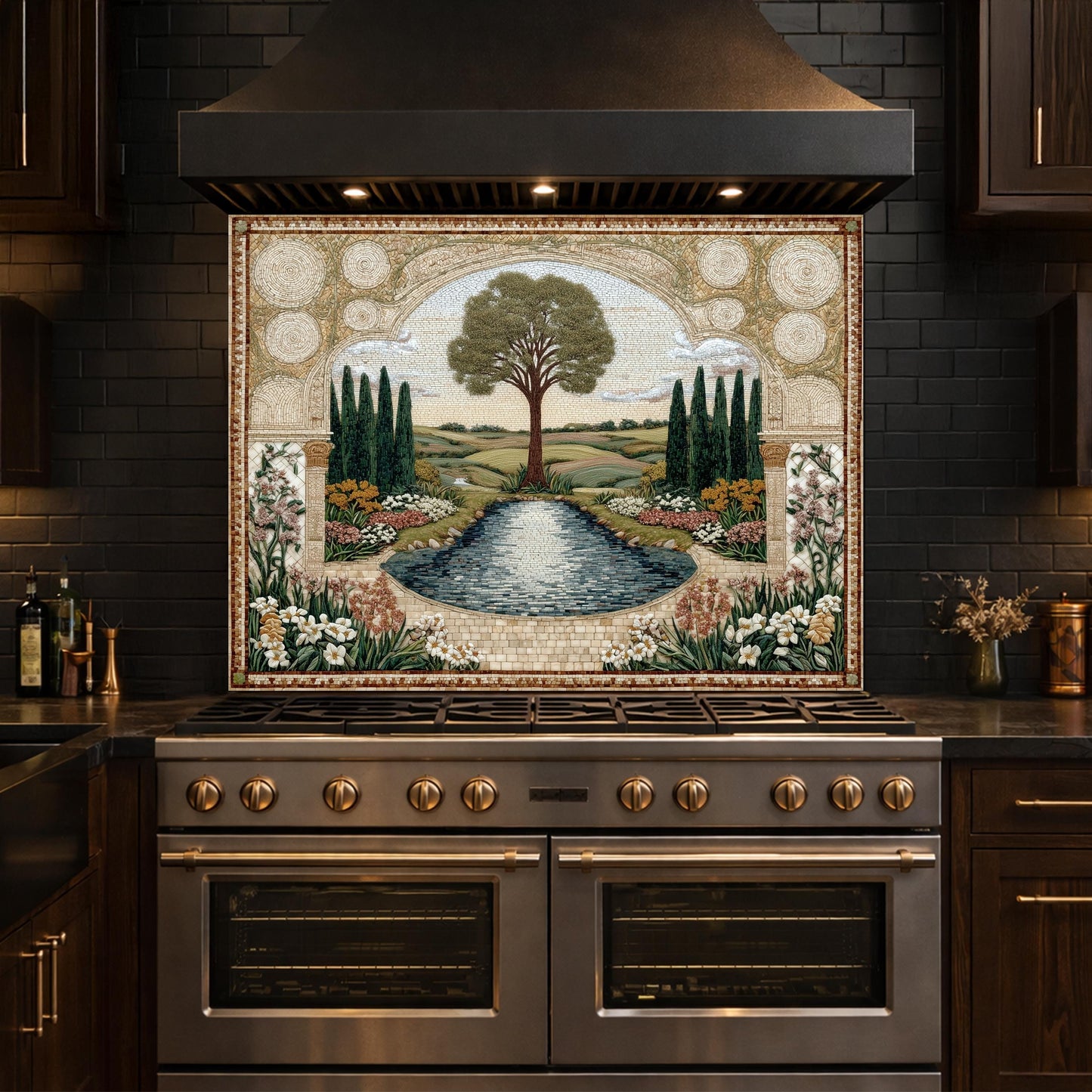 Garden Landscape Tempered Glass Kitchen Backsplash, Mediterranean Stove Panel