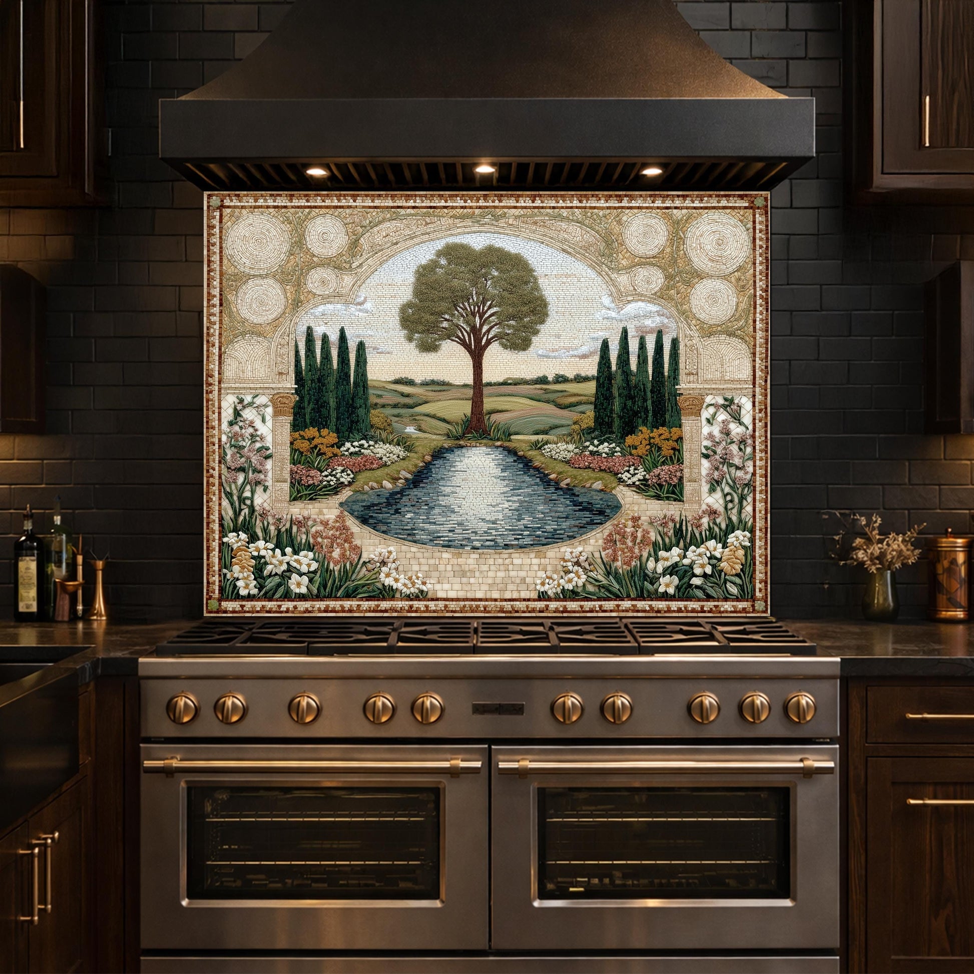 Garden Landscape Tempered Glass Kitchen Backsplash, Mediterranean Stove Panel