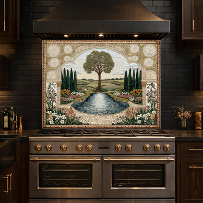 Garden Landscape Tempered Glass Kitchen Backsplash, Mediterranean Stove Panel
