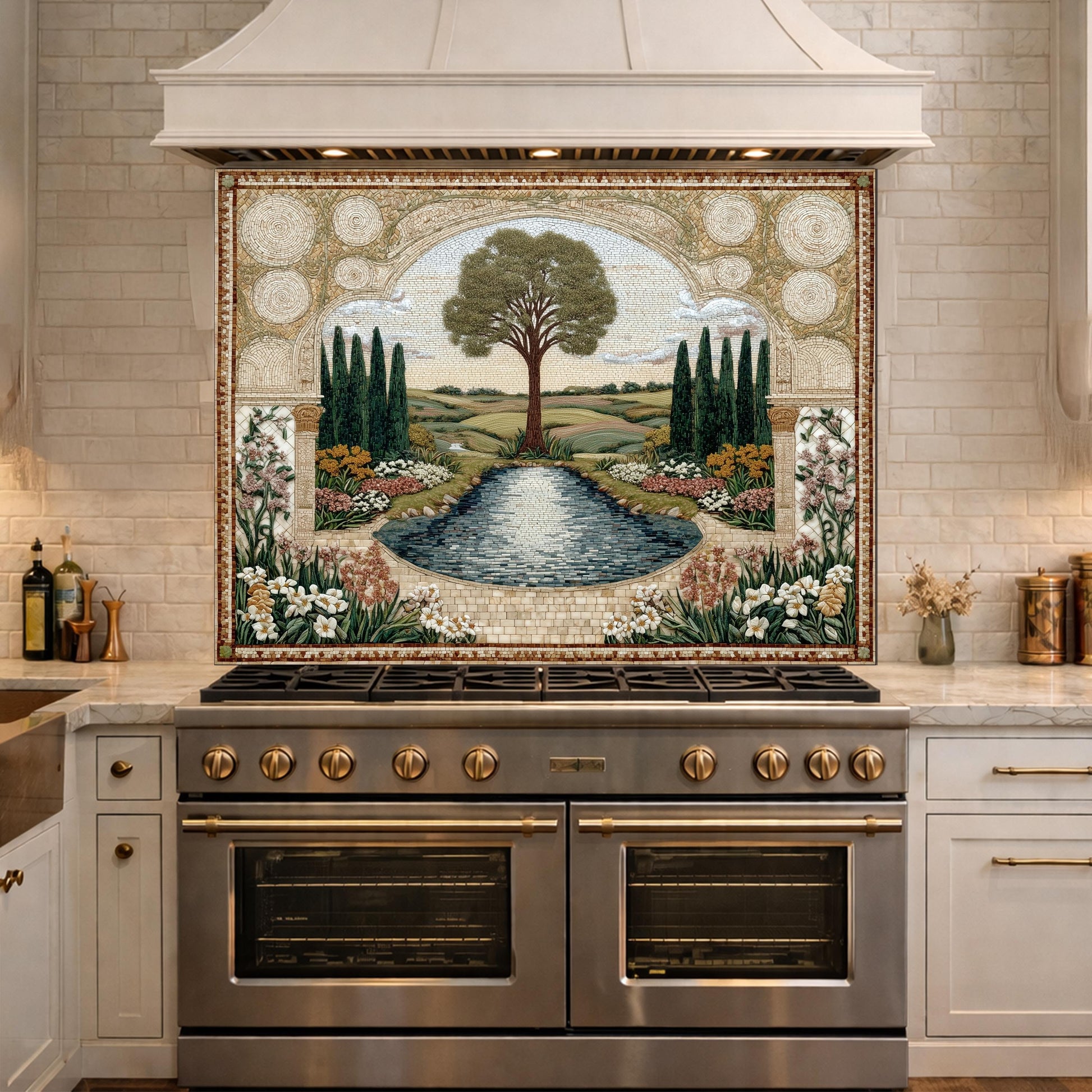 Garden Landscape Tempered Glass Kitchen Backsplash, Mediterranean Stove Panel