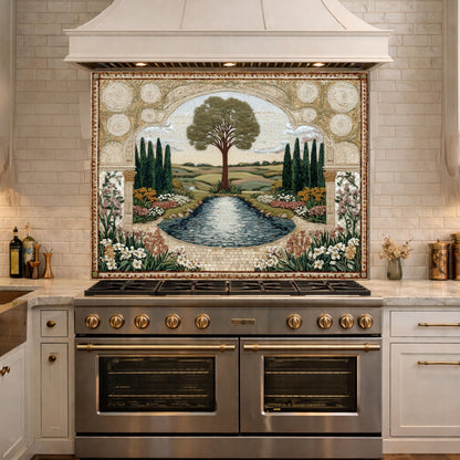 Garden Landscape Tempered Glass Kitchen Backsplash, Mediterranean Stove Panel