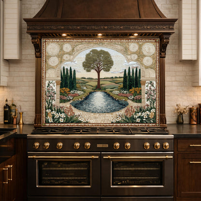 Garden Landscape Tempered Glass Kitchen Backsplash, Mediterranean Stove Panel