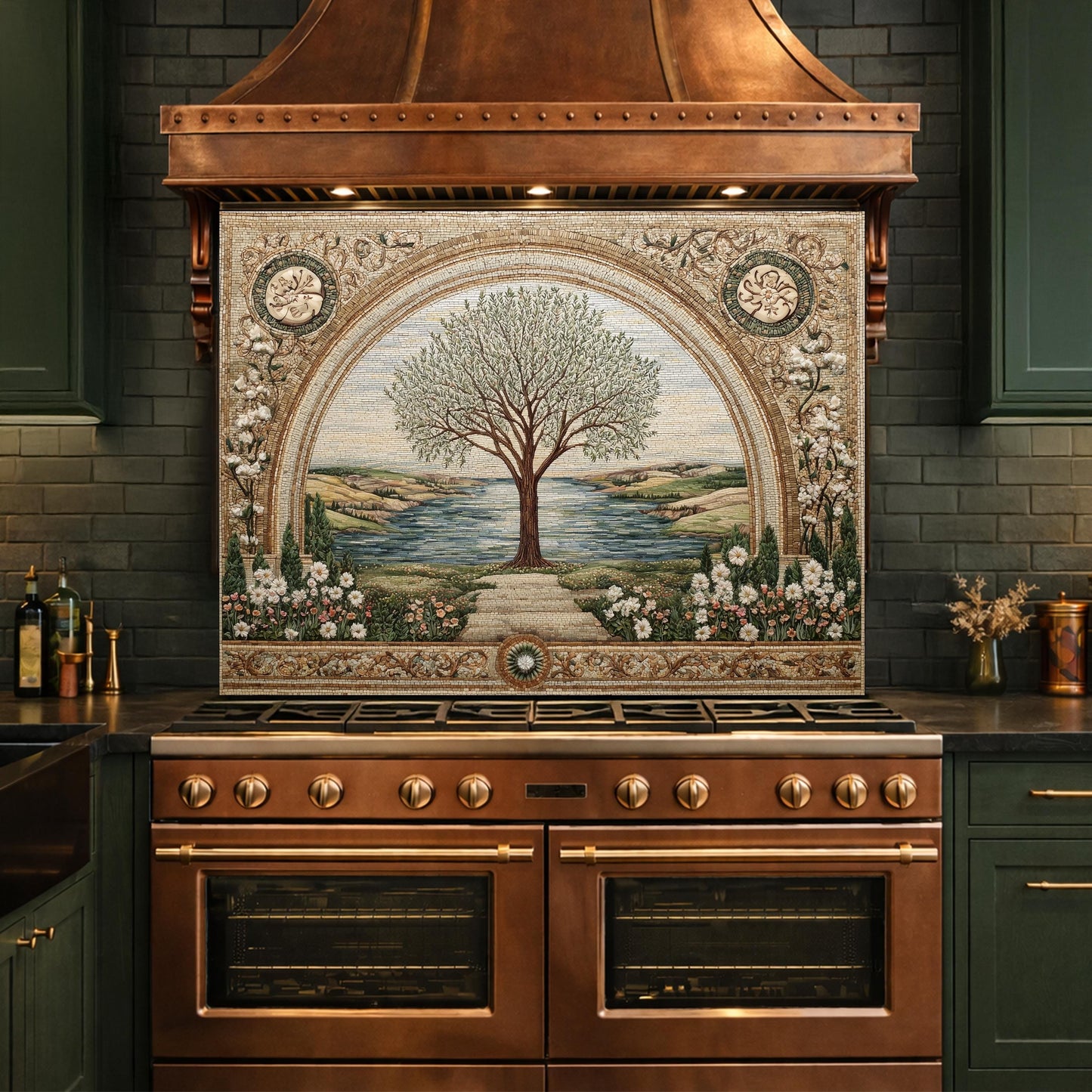 Tempered Glass Tree of Life Kitchen Backsplash, Mediterranean Floral Stove Decor