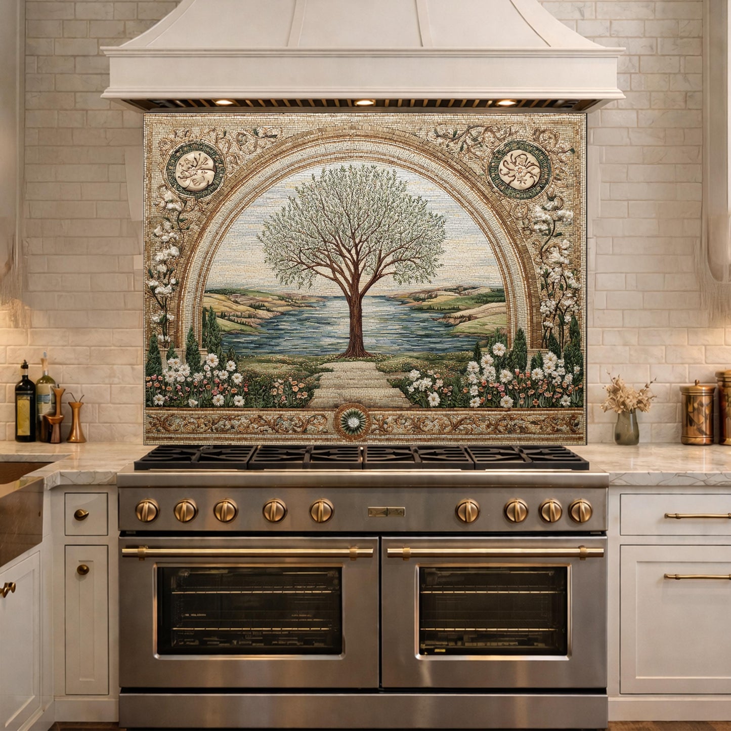 Tempered Glass Tree of Life Kitchen Backsplash, Mediterranean Floral Stove Decor