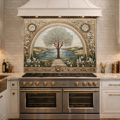 Tempered Glass Tree of Life Kitchen Backsplash, Mediterranean Floral Stove Decor