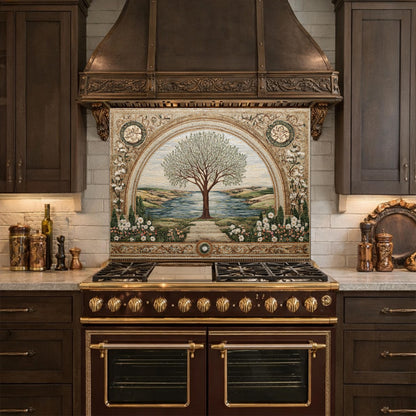 Tempered Glass Tree of Life Kitchen Backsplash, Mediterranean Floral Stove Decor