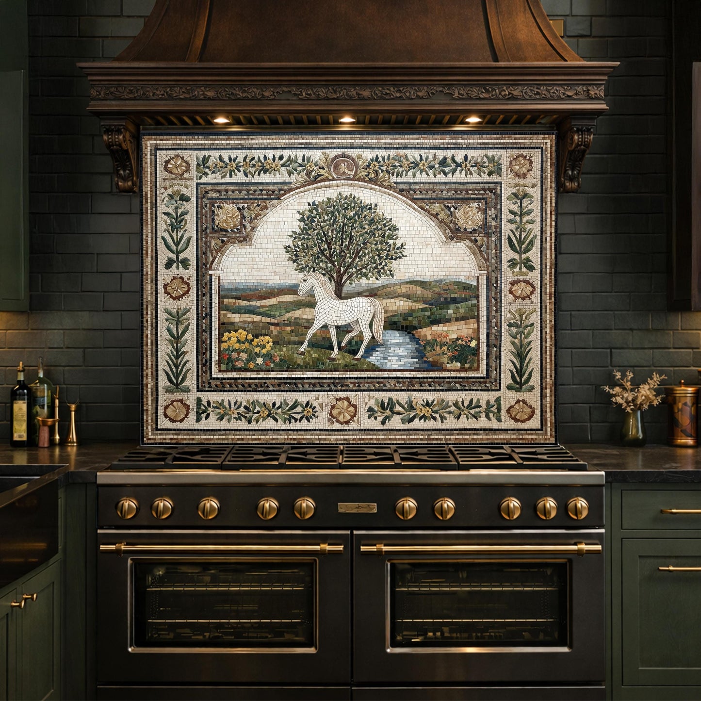 Horse Olive Tree Glass Kitchen Backsplash, Mediterranean Farmhouse Stove Decor