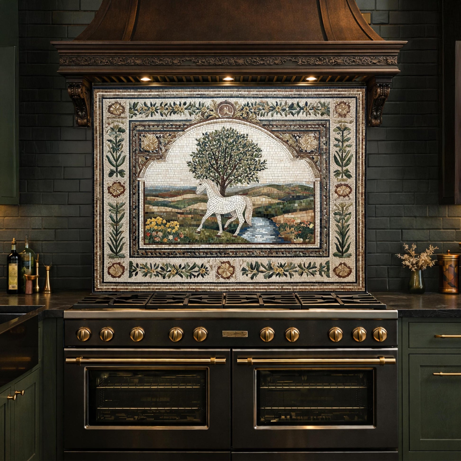 Horse Olive Tree Glass Kitchen Backsplash, Mediterranean Farmhouse Stove Decor