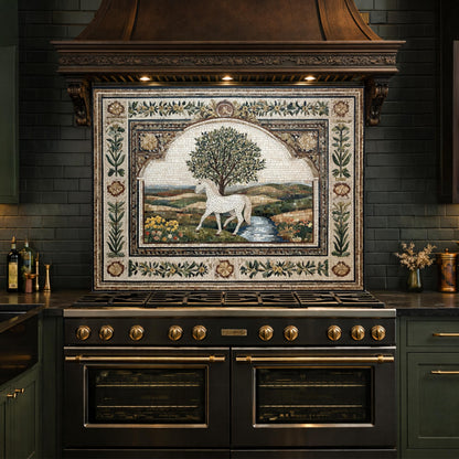 Horse Olive Tree Glass Kitchen Backsplash, Mediterranean Farmhouse Stove Decor