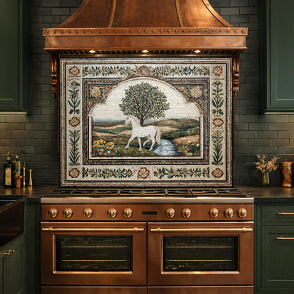 Horse Olive Tree Glass Kitchen Backsplash, Mediterranean Farmhouse Stove Decor