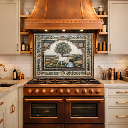 Horse Olive Tree Glass Kitchen Backsplash, Mediterranean Farmhouse Stove Decor