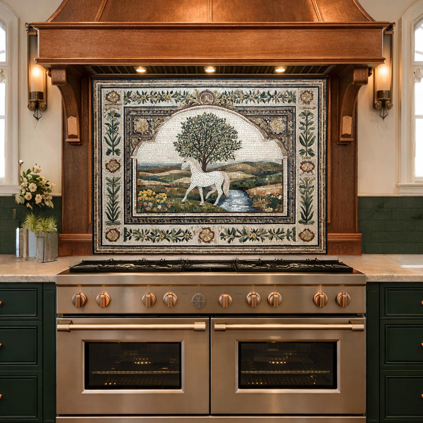 Horse Olive Tree Glass Kitchen Backsplash, Mediterranean Farmhouse Stove Decor