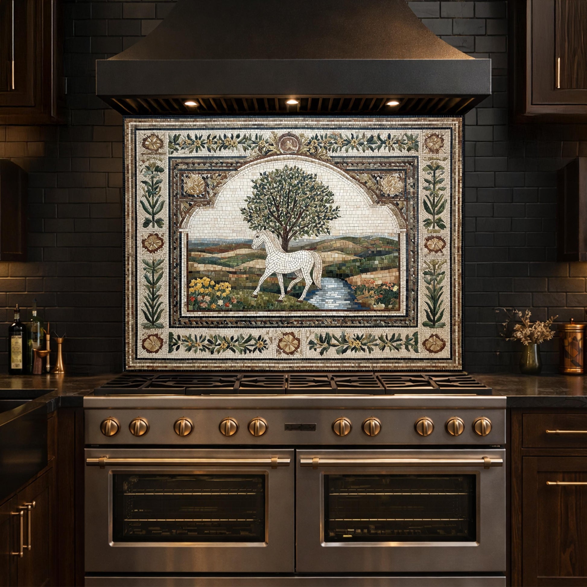 Horse Olive Tree Glass Kitchen Backsplash, Mediterranean Farmhouse Stove Decor