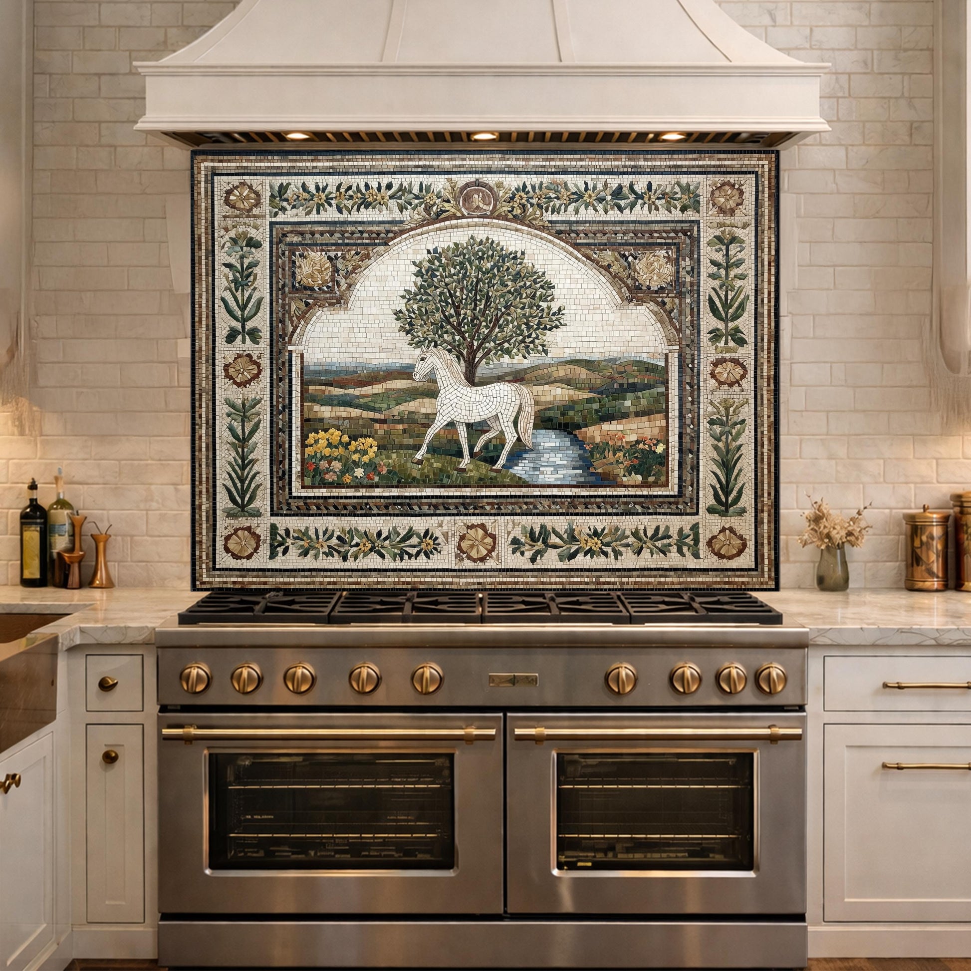 Horse Olive Tree Glass Kitchen Backsplash, Mediterranean Farmhouse Stove Decor