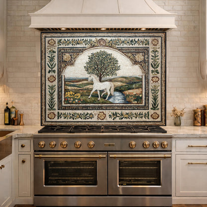 Horse Olive Tree Glass Kitchen Backsplash, Mediterranean Farmhouse Stove Decor