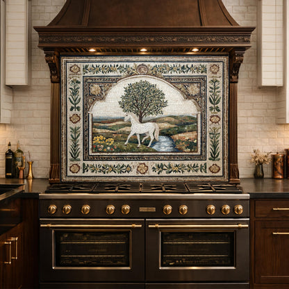 Horse Olive Tree Glass Kitchen Backsplash, Mediterranean Farmhouse Stove Decor