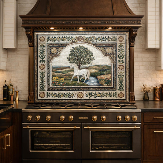 Horse Olive Tree Glass Kitchen Backsplash, Mediterranean Farmhouse Stove Decor