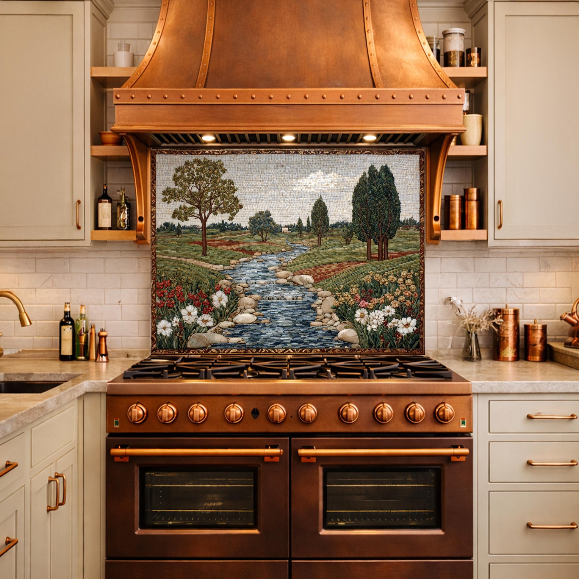 River Landscape Glass Backsplash, Tempered Stove Panel, Farmhouse Kitchen Decor