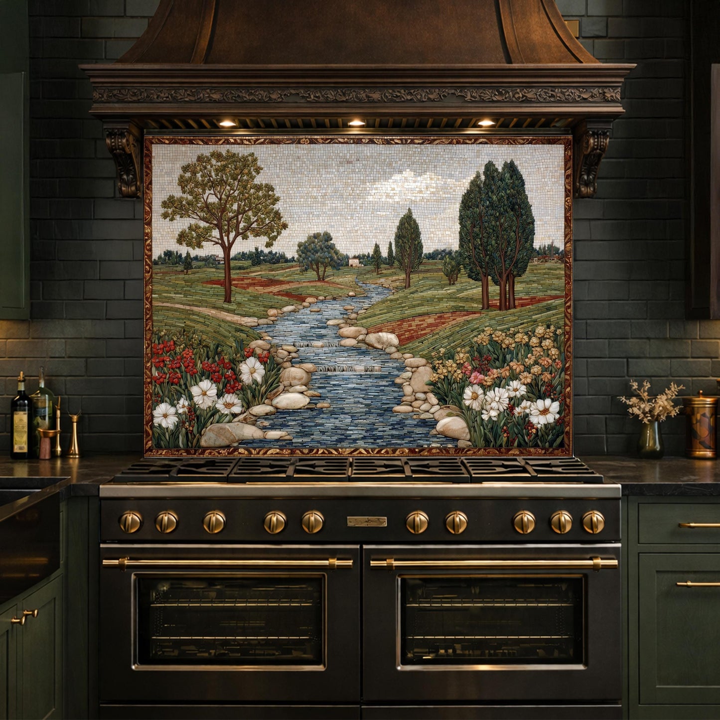 River Landscape Glass Backsplash, Tempered Stove Panel, Farmhouse Kitchen Decor