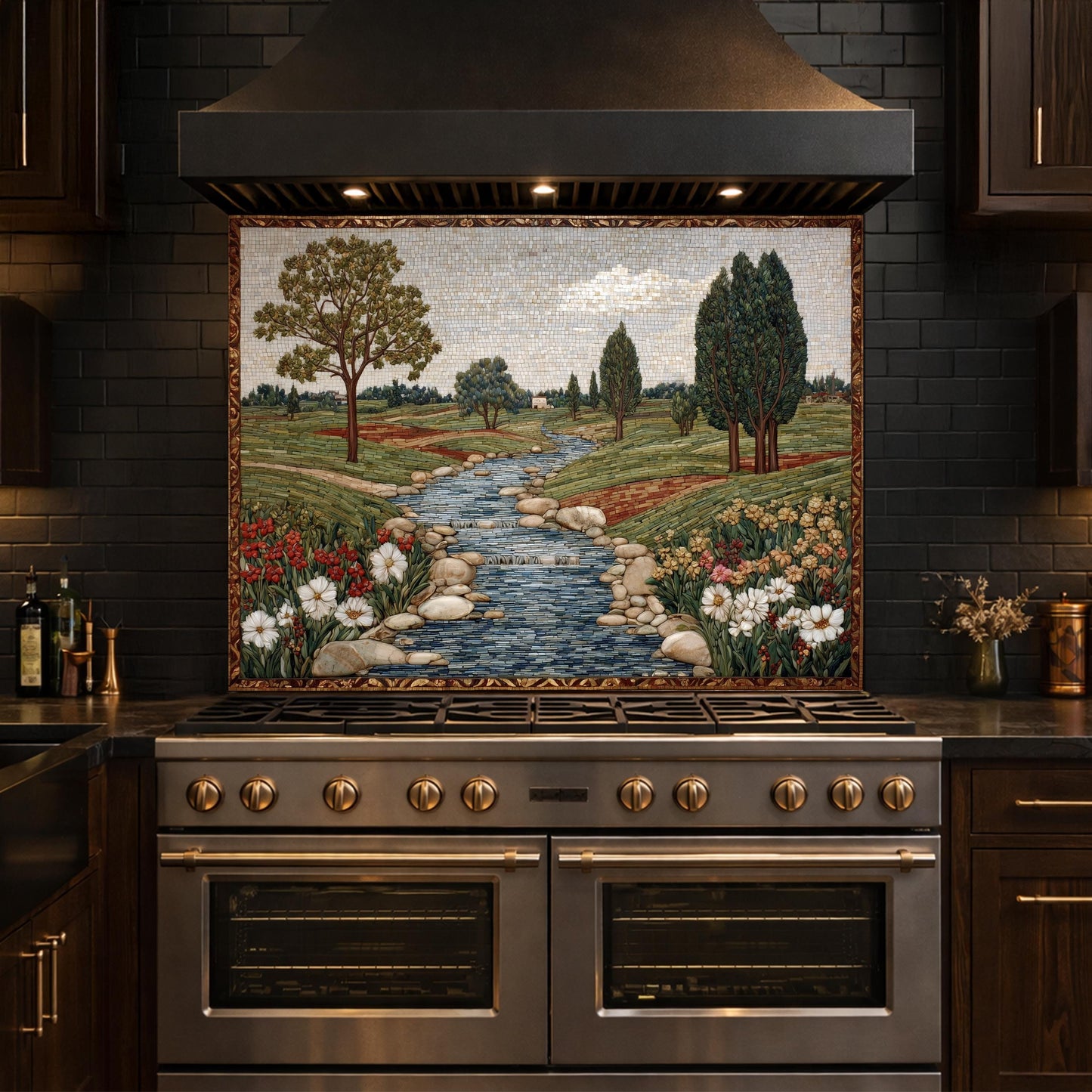 River Landscape Glass Backsplash, Tempered Stove Panel, Farmhouse Kitchen Decor