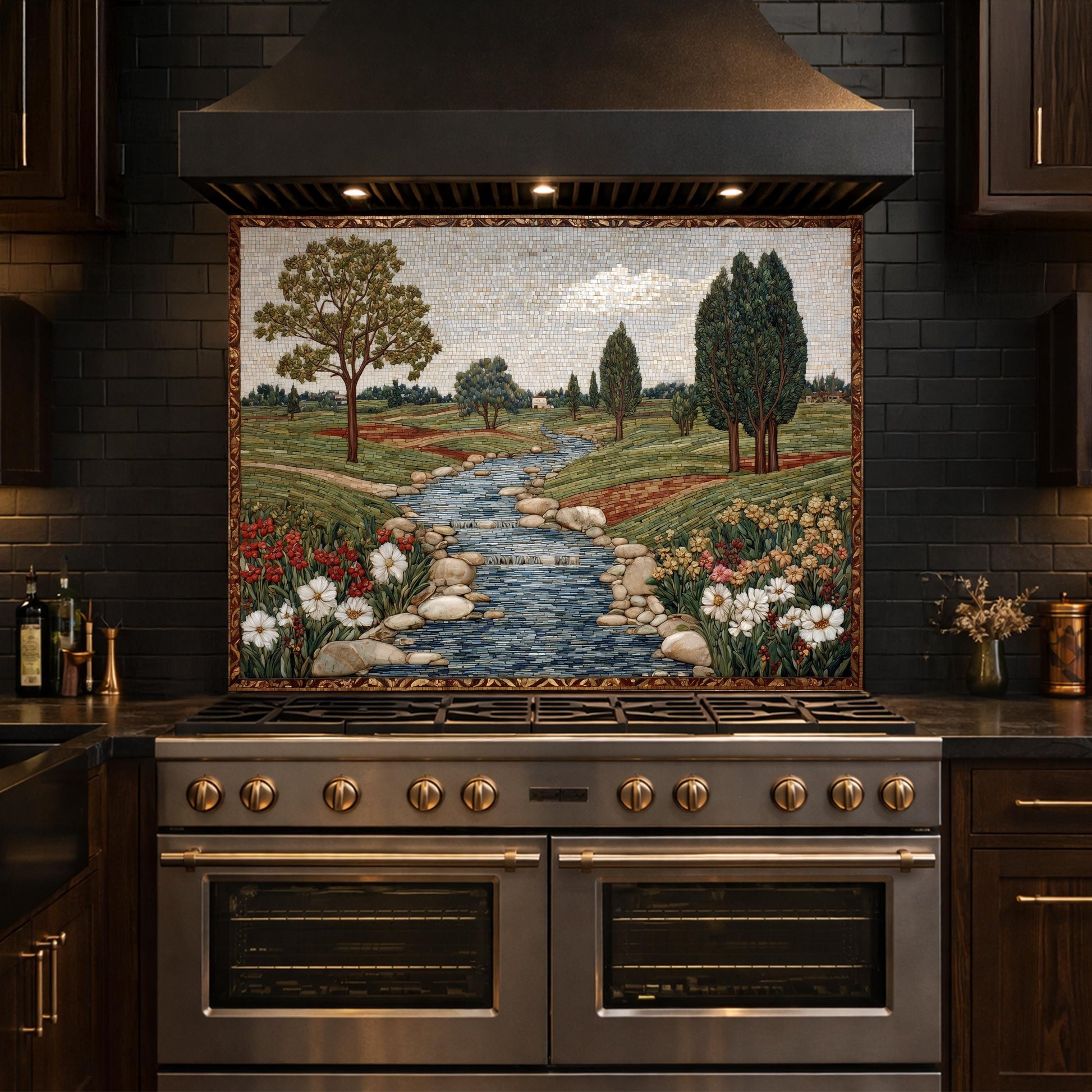 River Landscape Glass Backsplash, Tempered Stove Panel, Farmhouse Kitchen Decor