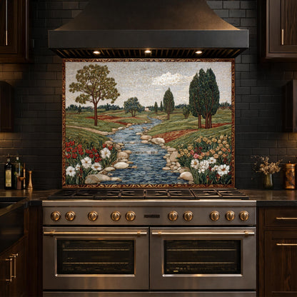 River Landscape Glass Backsplash, Tempered Stove Panel, Farmhouse Kitchen Decor