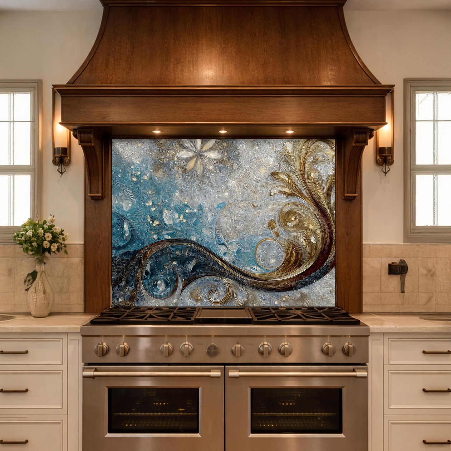 Tempered Glass Kitchen Backsplash, Blue Gold Abstract Wave Stove Guard Wall Decor