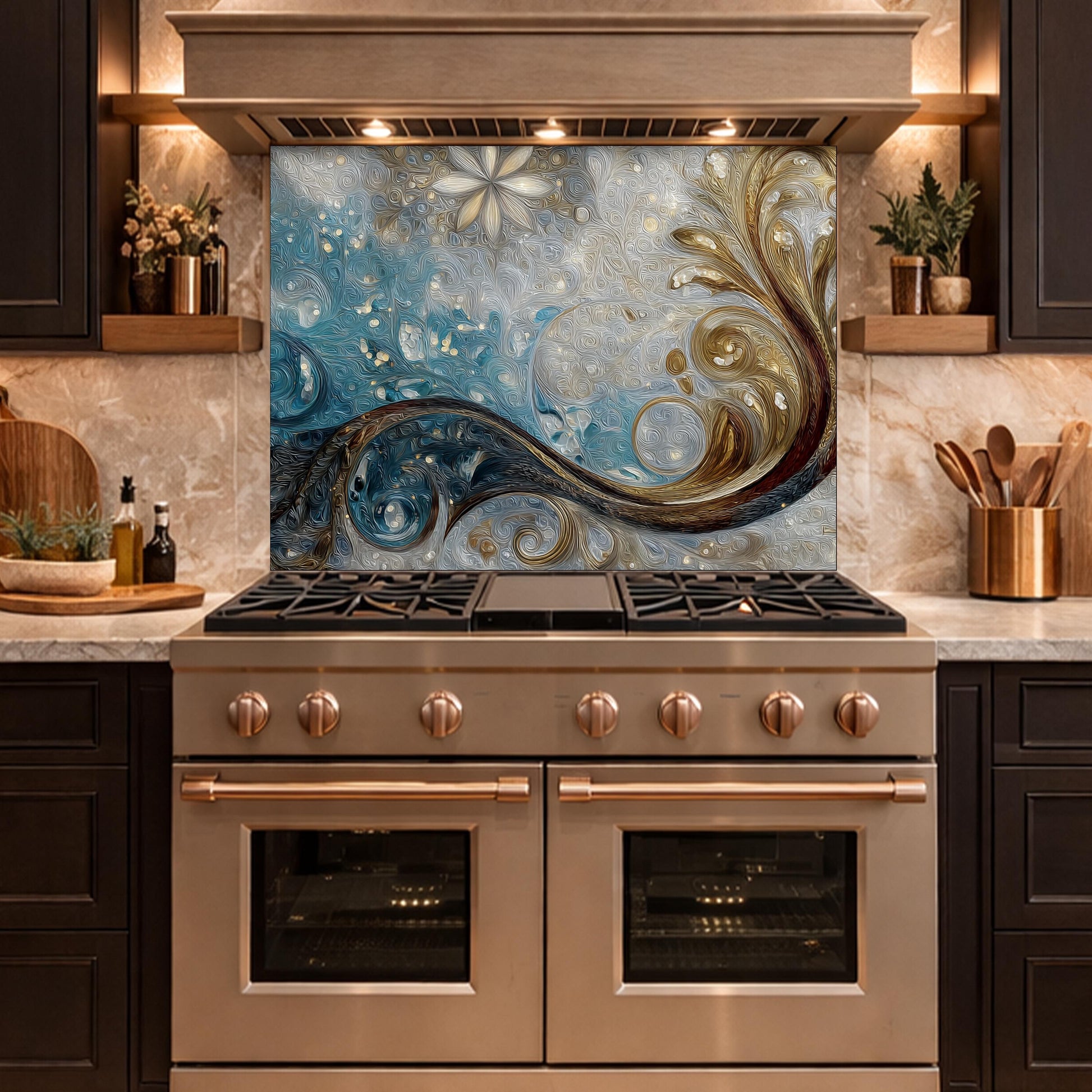 Tempered Glass Kitchen Backsplash, Blue Gold Abstract Wave Stove Guard Wall Decor