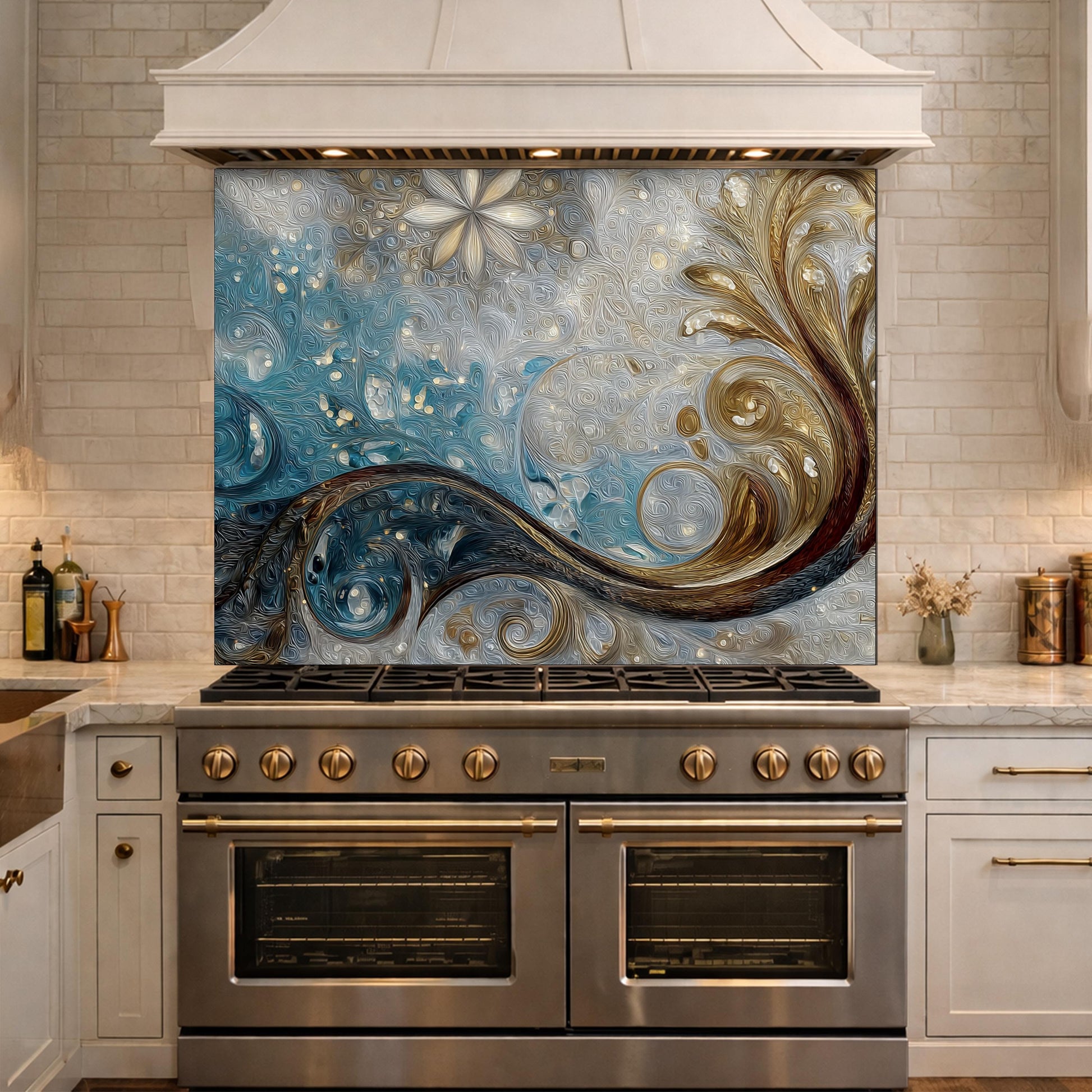 Tempered Glass Kitchen Backsplash, Blue Gold Abstract Wave Stove Guard Wall Decor