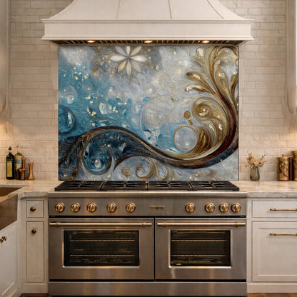 Tempered Glass Kitchen Backsplash, Blue Gold Abstract Wave Stove Guard Wall Decor