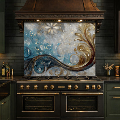 Tempered Glass Kitchen Backsplash, Blue Gold Abstract Wave Stove Guard Wall Decor