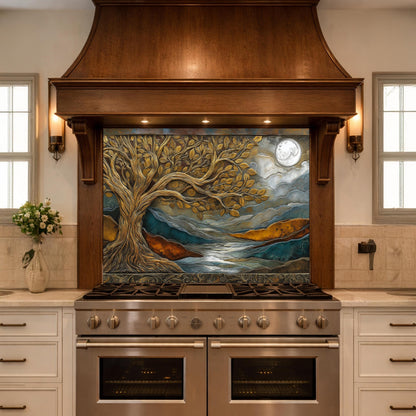 Tempered Glass Kitchen Backsplash, Golden Tree Moon Landscape, Blue Copper Nature Art