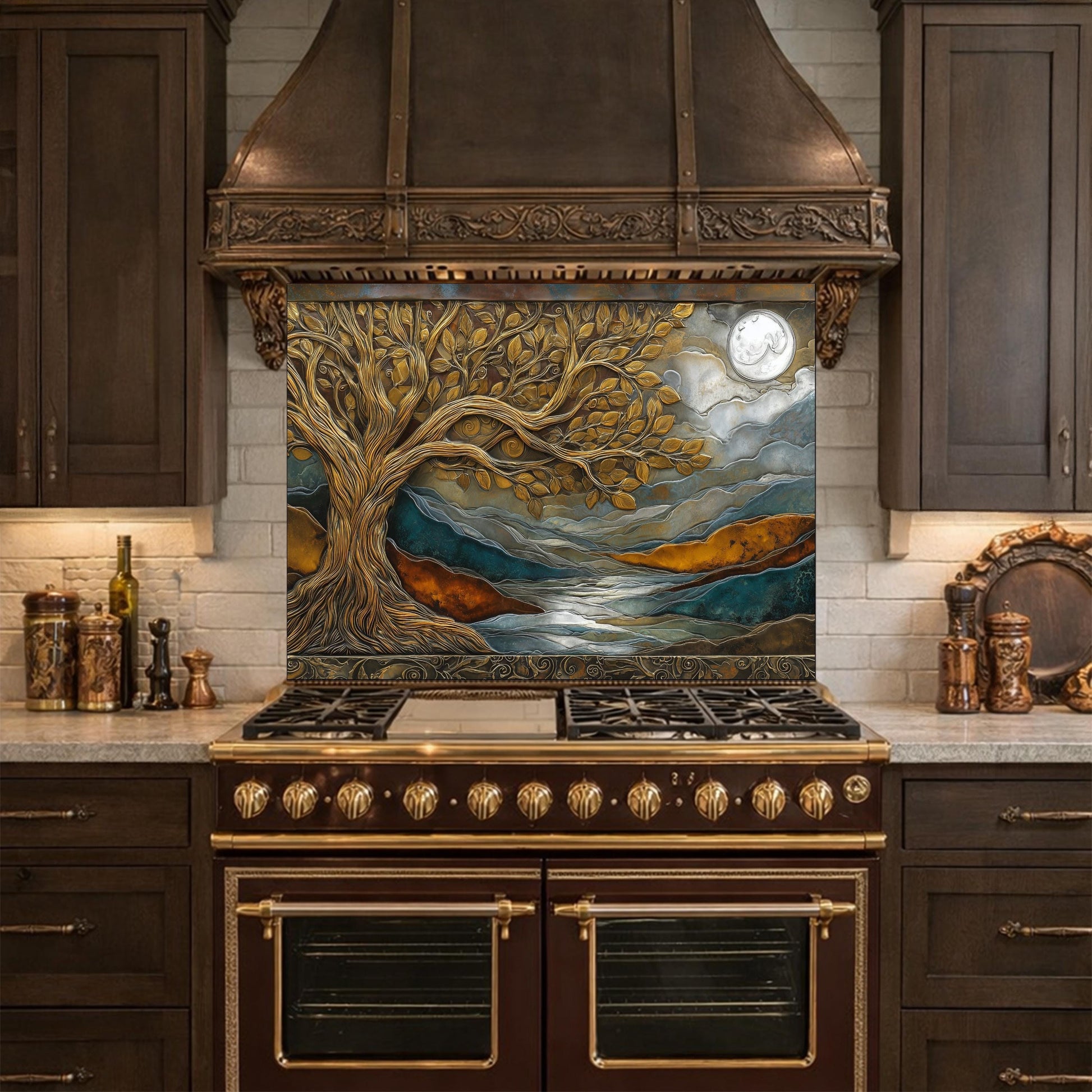 Tempered Glass Kitchen Backsplash, Golden Tree Moon Landscape, Blue Copper Nature Art