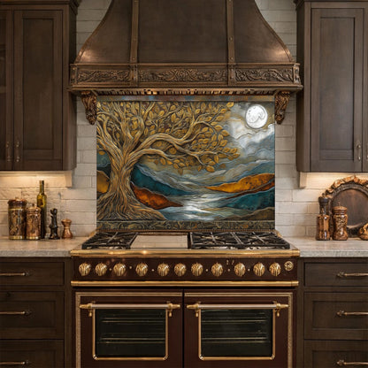 Tempered Glass Kitchen Backsplash, Golden Tree Moon Landscape, Blue Copper Nature Art