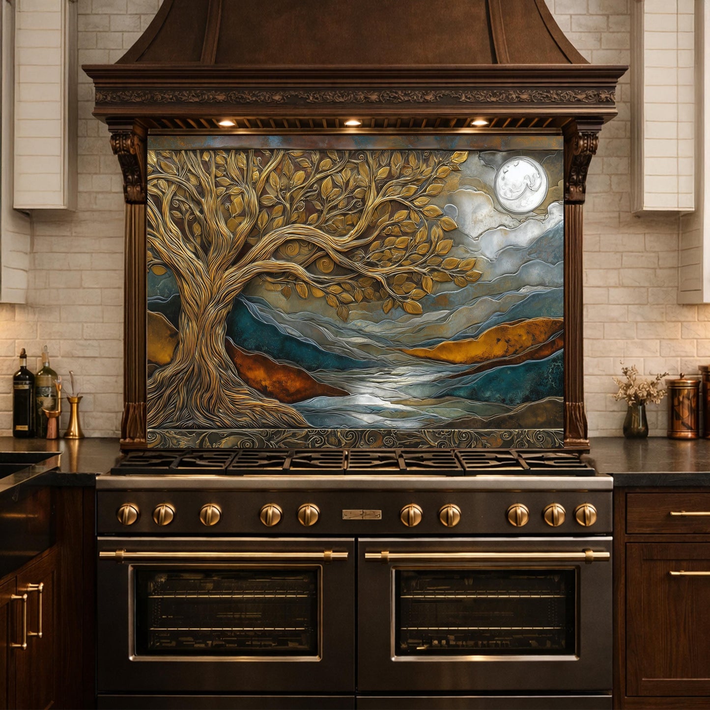 Tempered Glass Kitchen Backsplash, Golden Tree Moon Landscape, Blue Copper Nature Art