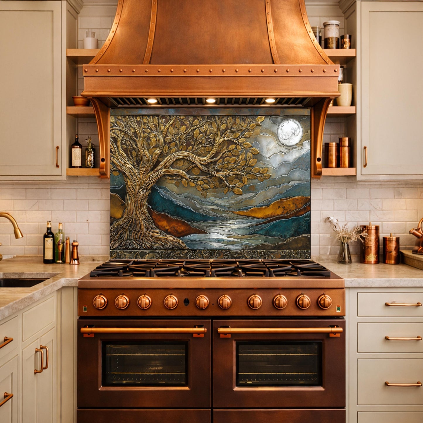 Tempered Glass Kitchen Backsplash, Golden Tree Moon Landscape, Blue Copper Nature Art