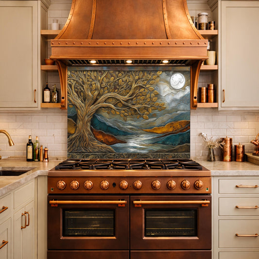 Tempered Glass Kitchen Backsplash, Golden Tree Moon Landscape, Blue Copper Nature Art