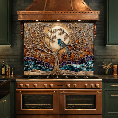 Tempered Glass Kitchen Backsplash Panel, Stained Glass Tree Bird Art, Stove Guard Wall Decor
