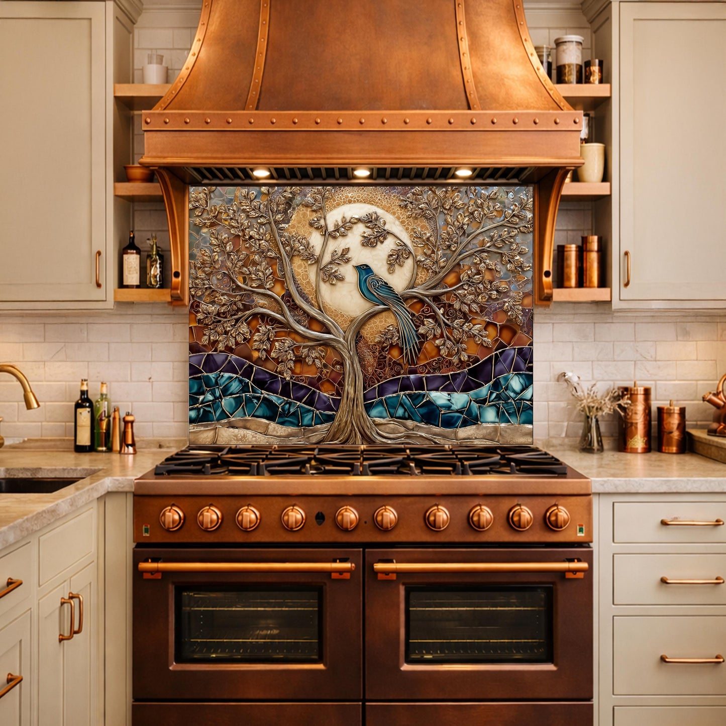 Tempered Glass Kitchen Backsplash Panel, Stained Glass Tree Bird Art, Stove Guard Wall Decor