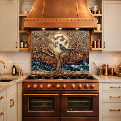 Tempered Glass Kitchen Backsplash Panel, Stained Glass Tree Bird Art, Stove Guard Wall Decor